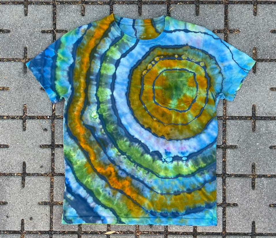 Tie Dye Blue/Green/Orange Geode Pocket Tee (Medium)