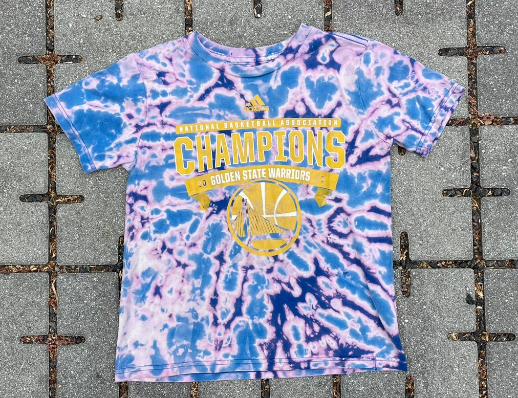 Reverse/Bleach Dye Blue Women's Warriors 2015 NBA Champions Tee (Small)