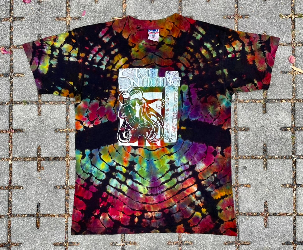 Rainbow Tie Dye "Stop Snitching" Geode Tee (Large)